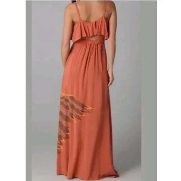 FREE PEOPLE Flock of Birds Burnt Orange Ruffle‎ Maxi Dress S L - Picture 2 of 13
